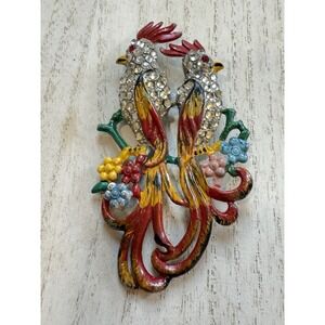 CORO DUETTE‎ BIRD BROOCH PIN ART DECO ENAMEL RHINESTONES FLOWERS BOOK PIECE VTG
